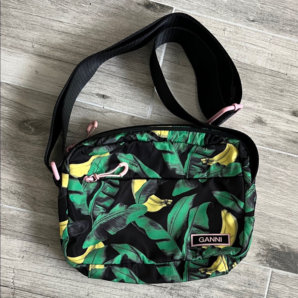 Ganni Black Bag with Green and Yellow Leaf Design